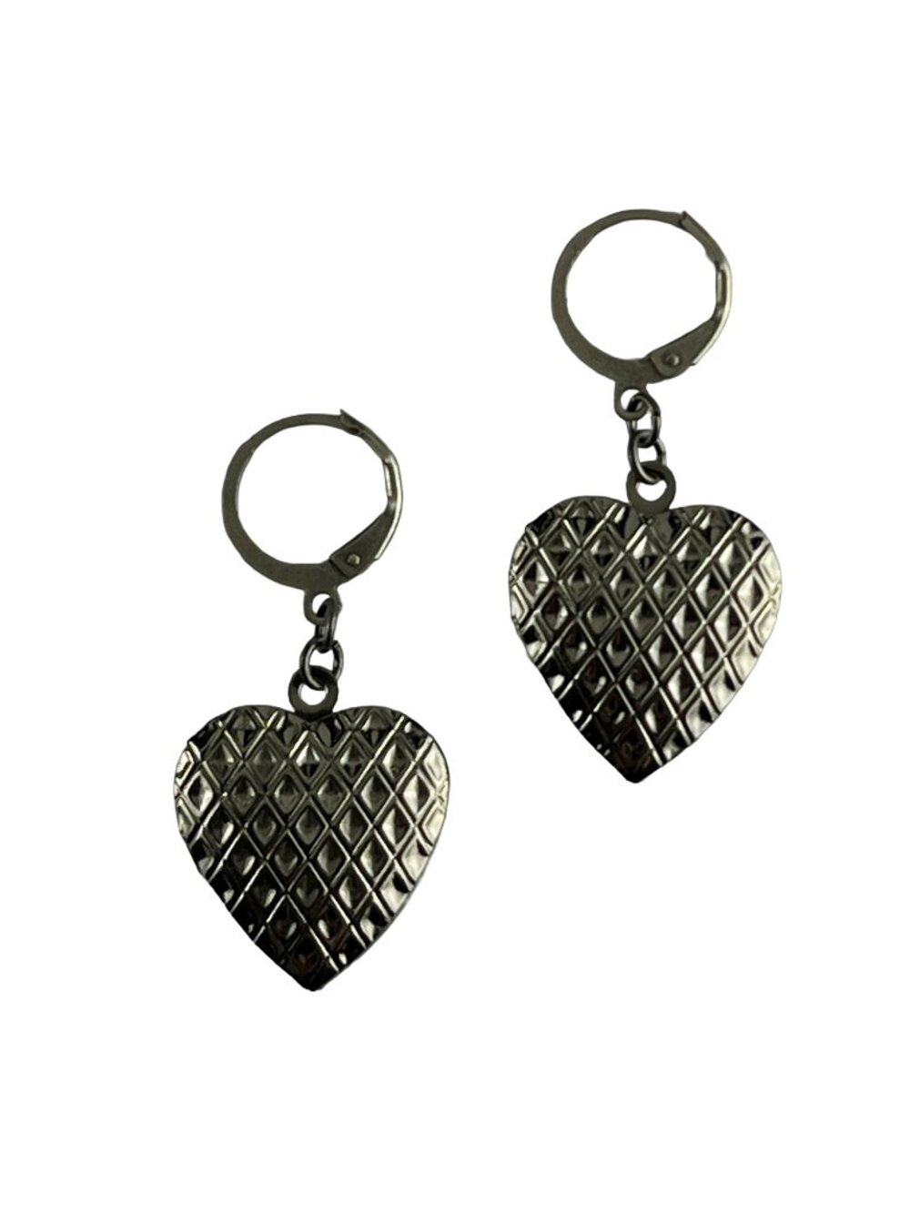 Vintage Style Quilted Heart Locket Drop Earrings — Leverback Earwires